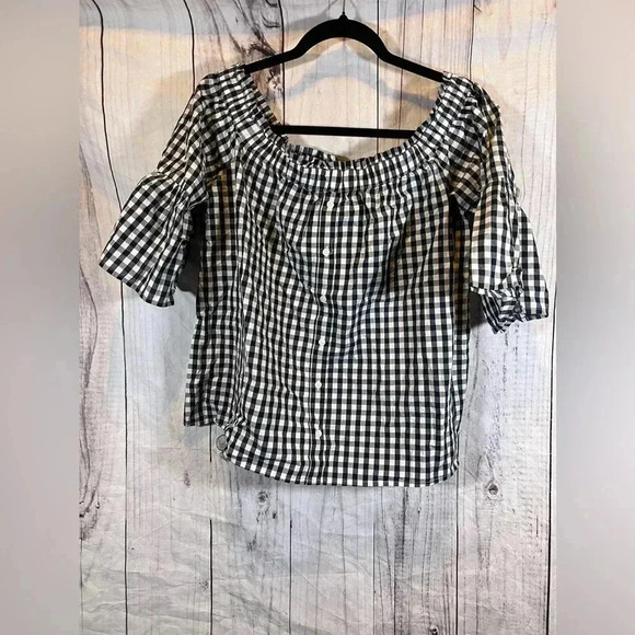 Abercrombie and Fitch Off the Shoulder Shirt Black White Gingham - Picture 1 of 6
